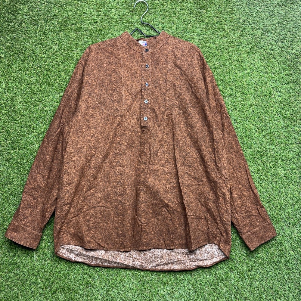 Vintage Frontier Shirt Mens XL Brown Paisley Henley Casual Band Collar Made USA